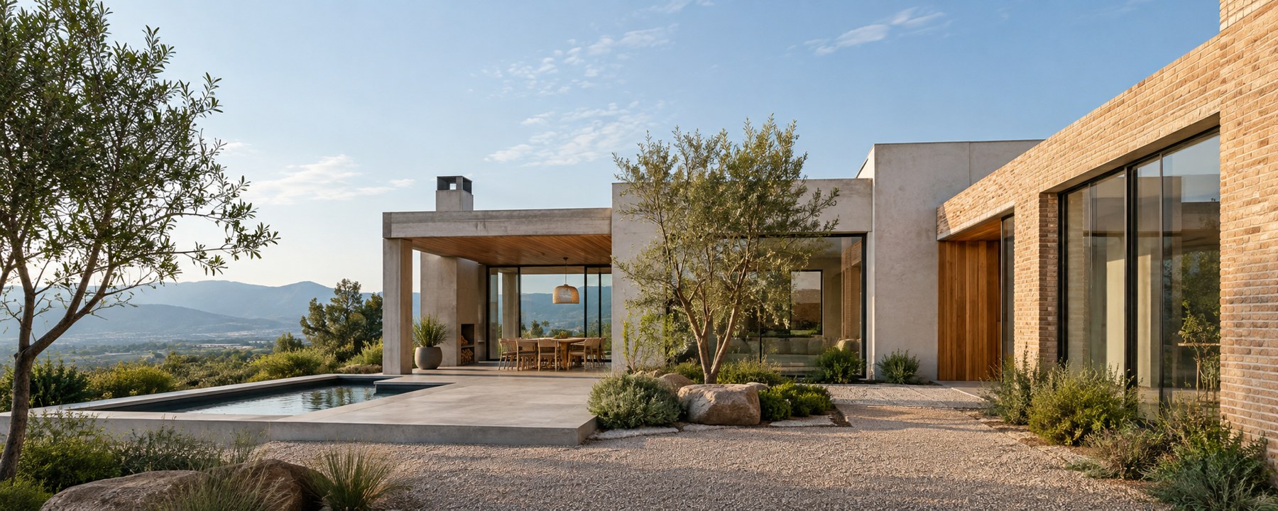 Illustrative contemporary South African home courtyard in soft daylight