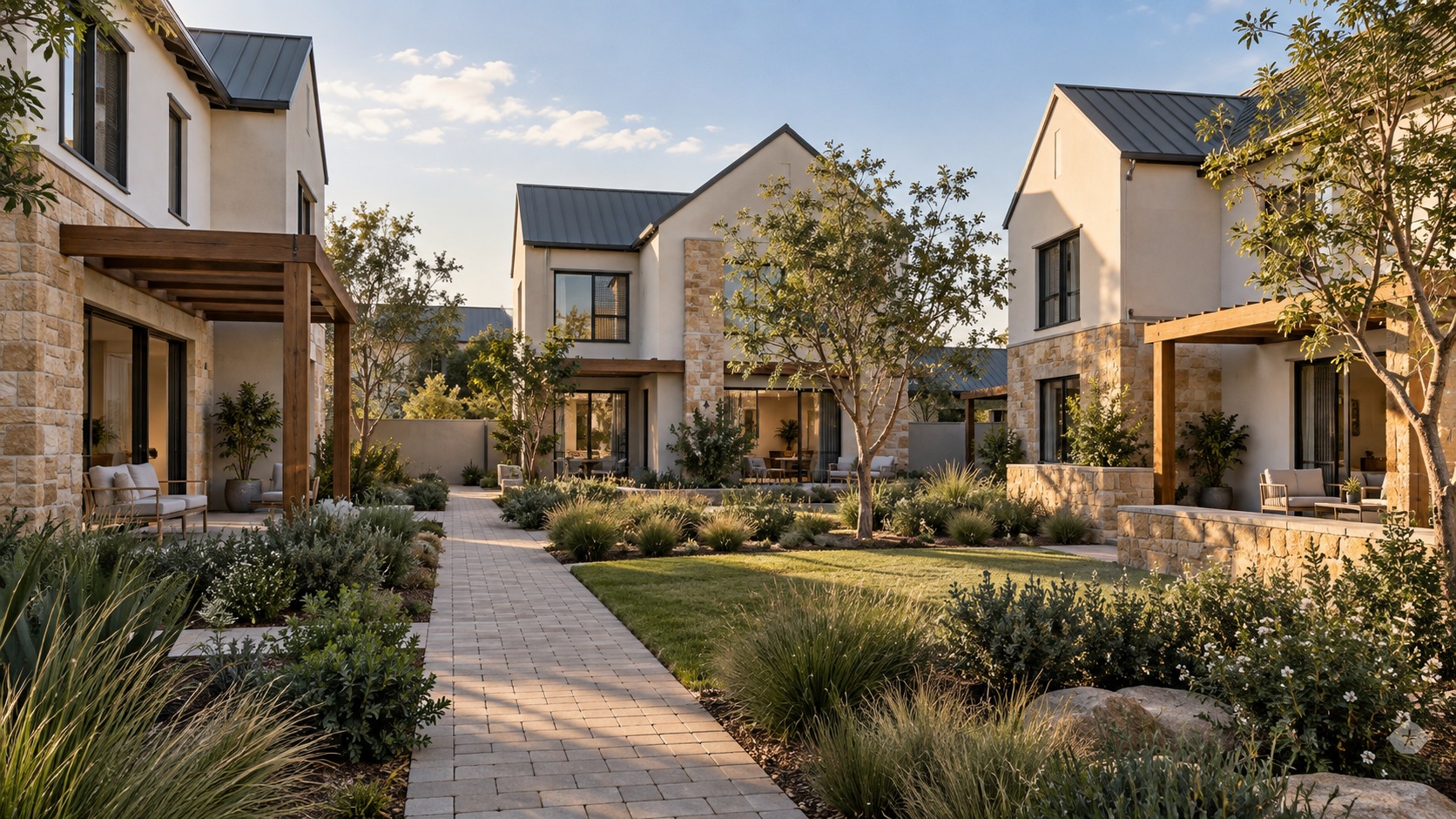 Concept illustration of contemporary townhouses around a landscaped courtyard