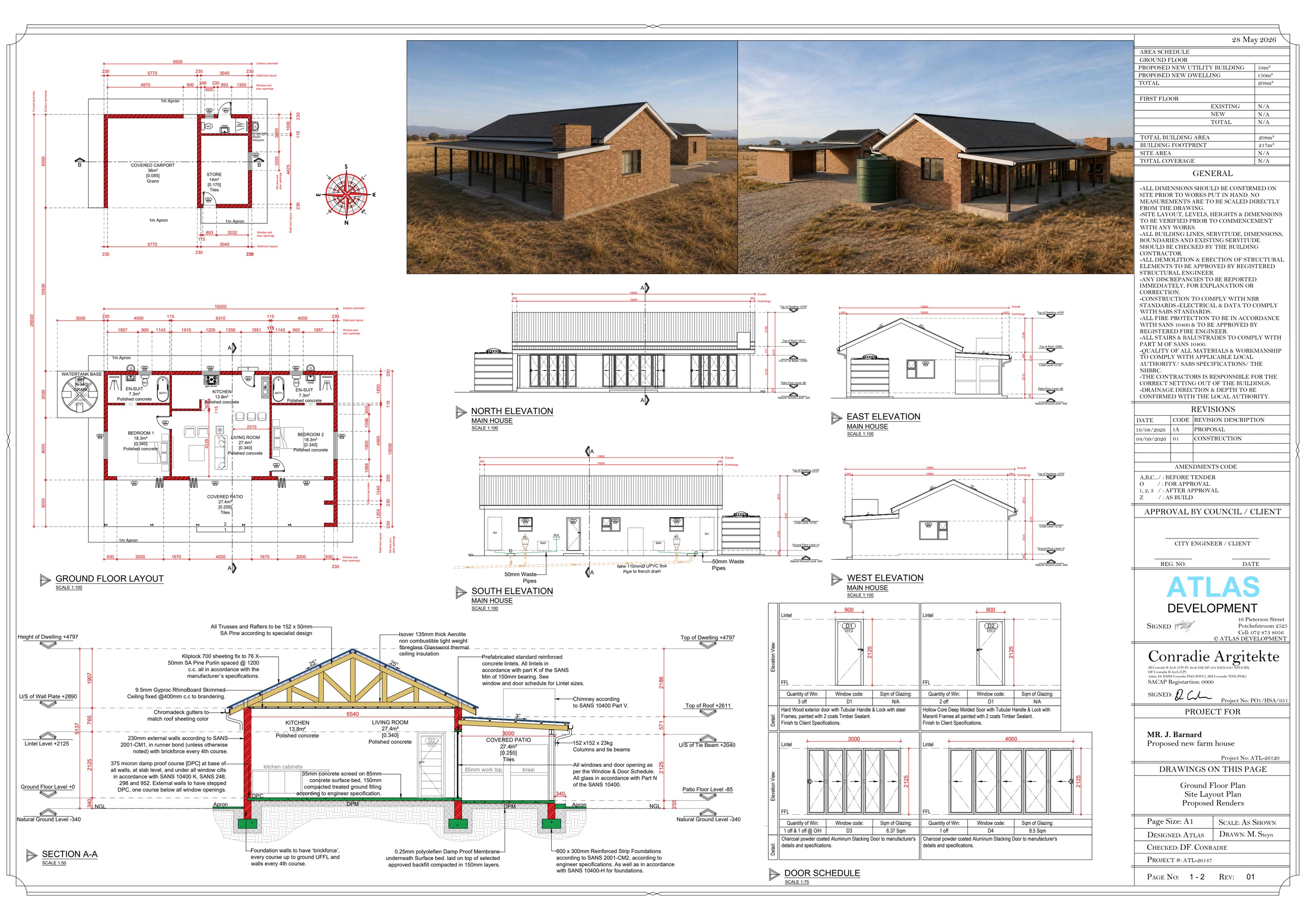 Atlas architectural drawing and rendered views for a proposed farmhouse